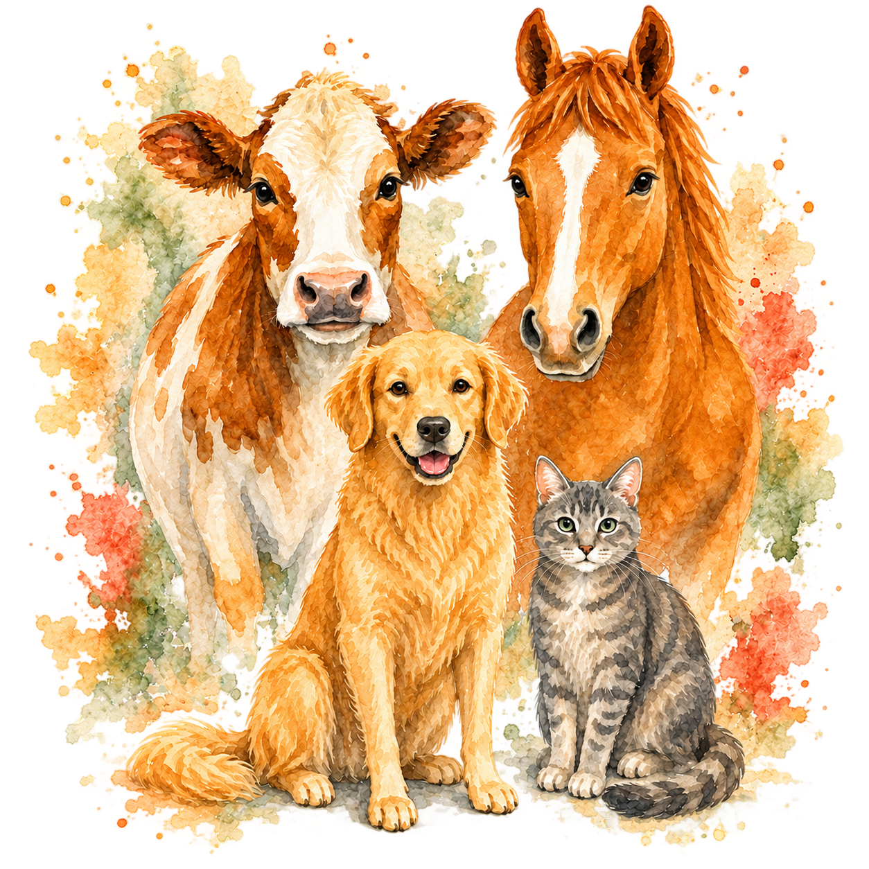 Aquarelle d’un chien, d’un cheval, d’un bovin et d’un chat