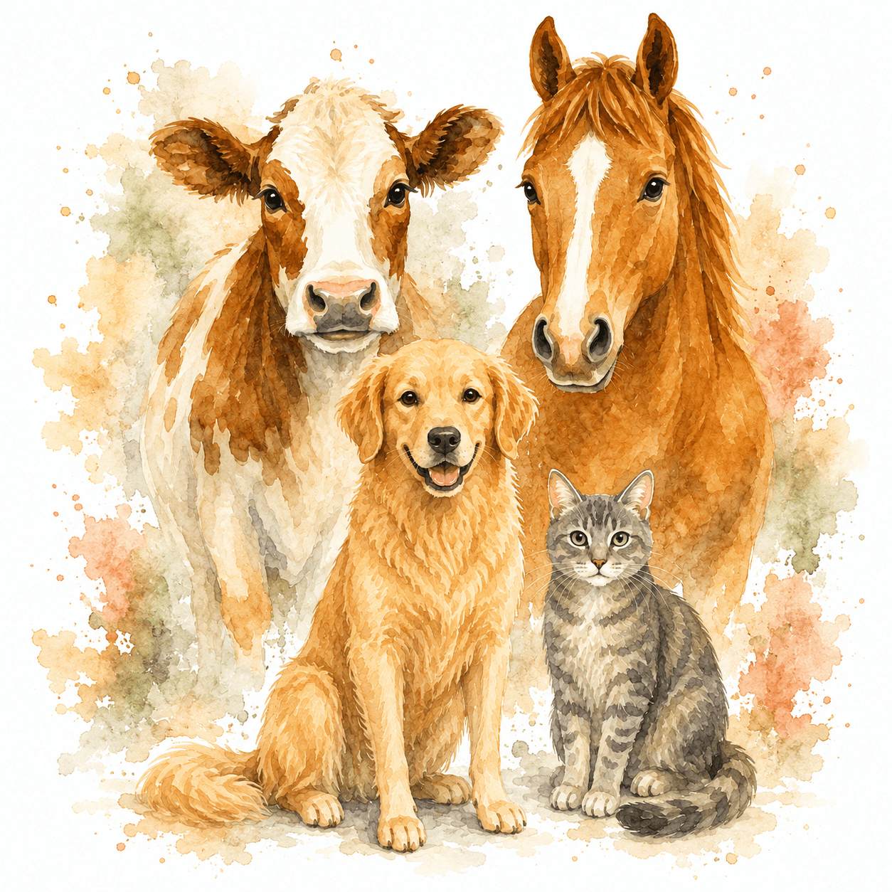 Aquarelle d’un chien, d’un cheval, d’un bovin et d’un chat